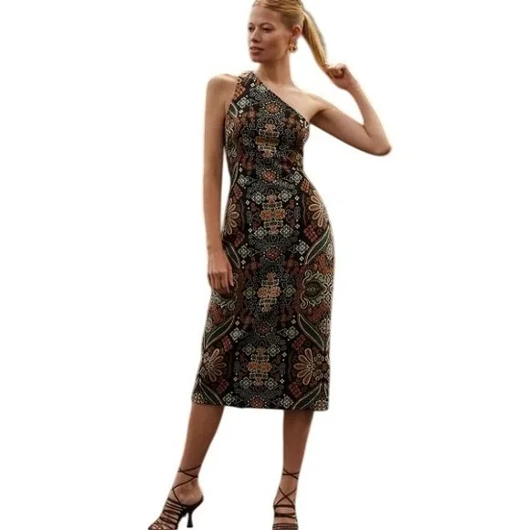 Anthropologie One Shoulder Jacquard Textured Midi Cocktail Dress Neutral Size M - Picture 1 of 9